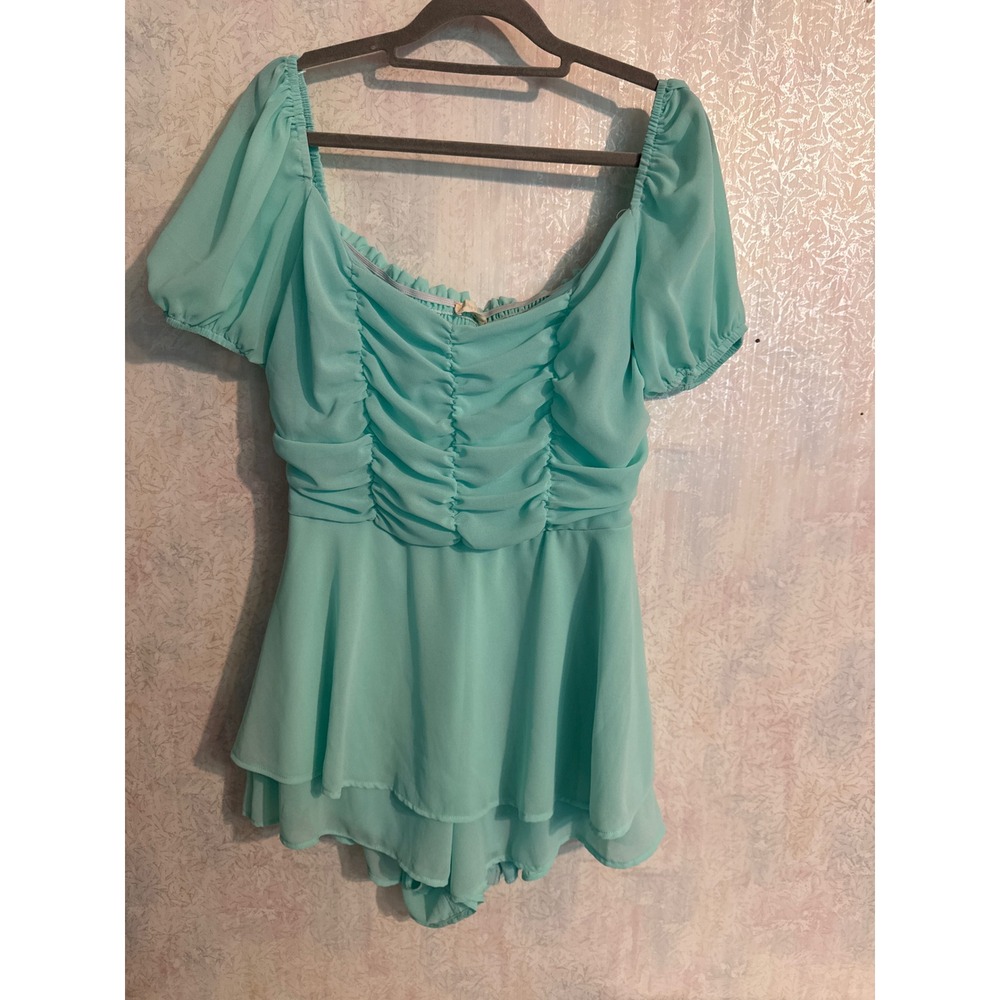 Altard State Aqua Blue Smocked Tiered Chiffon Romper Large Puff Sleeve